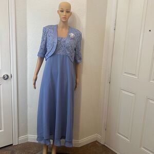 R&M Richards Formal Dress And Jacket Blue Sequin Floral Tiered Skirt Side Zip